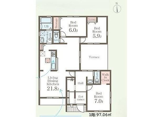【3LDK】広々21.8帖のLDK♪
平屋は生活動線がコンパクト！掃除もしやすく安心して快適に過ごせます！
WIC完備で大容量の荷物も片付きます！