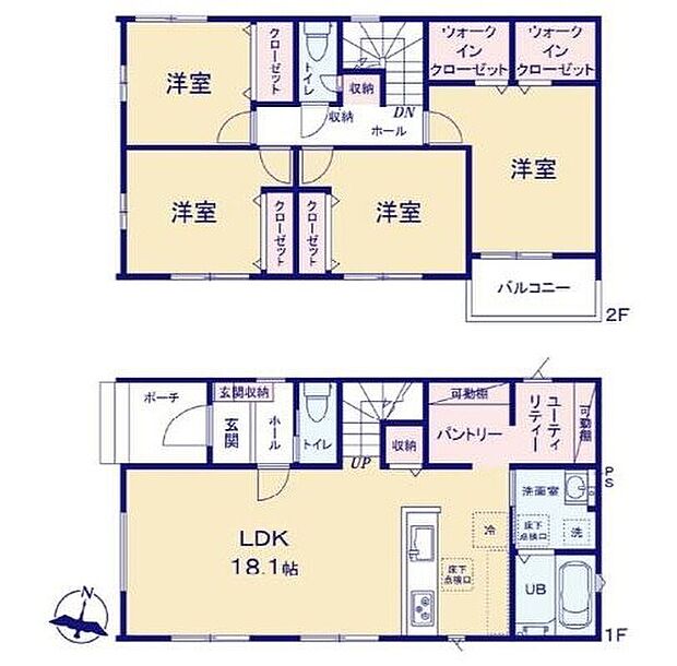 【4LDK】明るく開放的な約18帖のLDK♪
WICやパントリーなど収納スペースが豊富な間取り☆お部屋もスッキリ片付きます◎