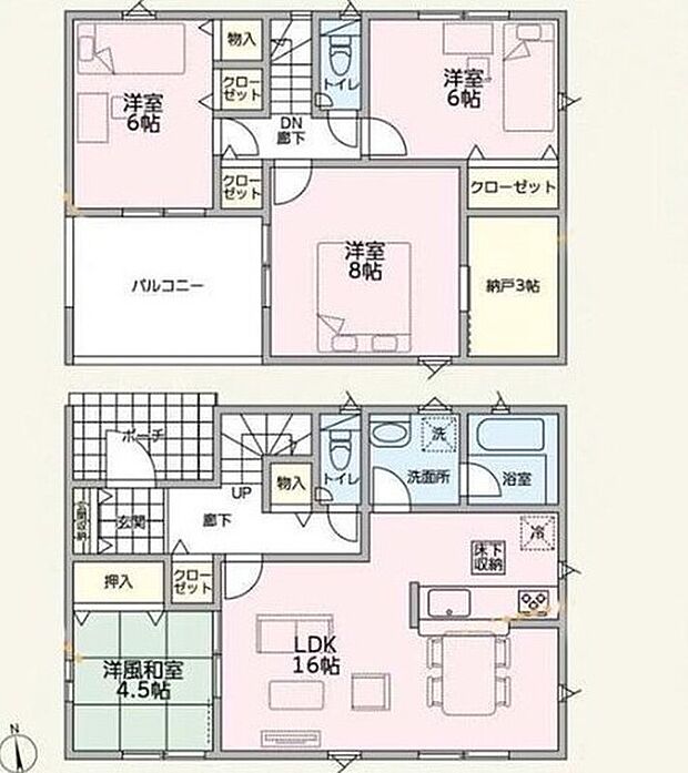 【4LDK+S】◇リビング全体が見渡せる対面式キッチン！
◇4.5帖のタタミコーナーは来客用やお昼寝スペースにもオススメ♪
◇2階納戸や廊下に配置された「あったら嬉しい」収納が生活空間をスッキリ保ちます♪