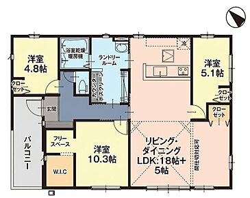 LDK18帖+間仕切対応可能な洋室5帖あり♪家族とのつながりを意識した見通しのいいリビングは会話が弾んでみんなを笑顔にします♪ランドリールームやフリースペースなど充実したスペース◎ 