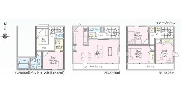 【4LDK】南向きLDK17.5帖の3階建て住宅♪2階と3階それぞれにバルコニーを完備！
全居室や廊下に配置された「あったら嬉しい」収納で生活空間がスッキリ♪
大切なお車を雨風から守るビルトイン車庫仕様です♪
