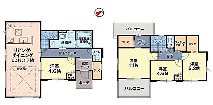 LDK17帖＋折上天井で開放感たっぷり♪SIC・WIC・ファミリークローク付きの収納充実4LDK！1階洋室はリビングに隣接♪2階は11帖の広々主寝室＋フリースペースを確保。充実の収納とゆとりある空間が魅力☆ 
