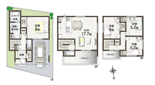 【A号地参考プラン】4LDK+駐車スペース
●敷地面積/約72.05m2(約21.79坪)
●建延面積/約114.21m2(約34.54坪)