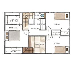 ２階：主寝室7.5帖、洋室6帖×2、ロフト4.5帖