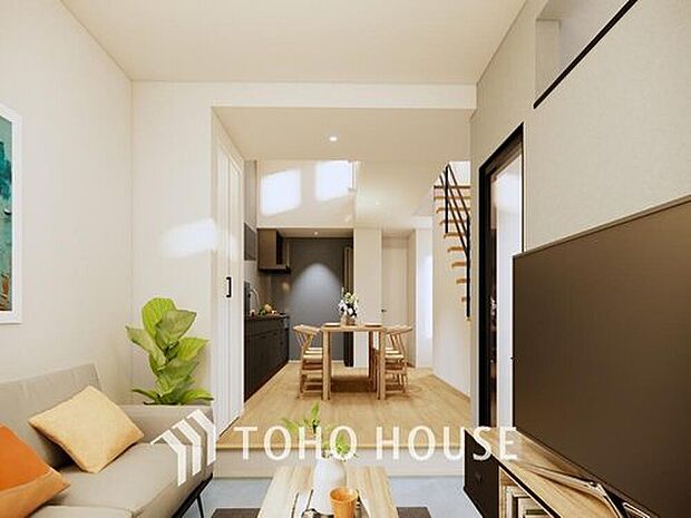 【リビング(パース)※昼バージョン】ダウンフロアとなっており、この『おこもり感』が心地いい。家族が自然と集まる秘密基地ですね。