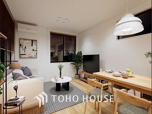 【リビング(パース)】居心地の良いリビングダイニングには自然と家族みんなが集まってきます。明るく穏やかな空気のなかで飲んだり、食べたり、笑ったり。