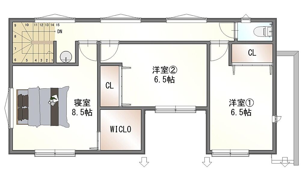 2階平面図。洗面台とトイレ。広々収納。各居室エアコン付き♪