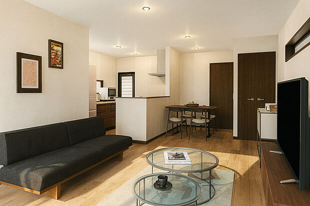 【イメージパース】リビング:リビングを必ず通るよう階段を配置!家族が顔を合わせる機会が自然と増える、ふれあいを重視した設計です!