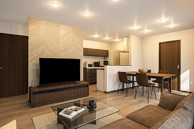 【イメージパース】リビング:TV後ろに通路を確保し、玄関からキッチンへの移動もスムーズ!家事動線が考えられた間取り!