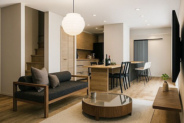 【2号地(パース図:リビング20.9帖)】
「こんなお家に住みたい!」を可視化。お客様のご希望の間取りでパースの作成も可能です。(※実際の色味や材質とは異なる場合がございます)