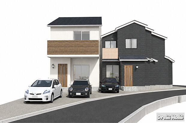 【パース図：分譲町並み】＼全２区画の新築分譲地／
「こんなお家に住みたい！」を可視化。お客様のご希望の間取りでパースの作成も可能です。（※実際の色味や材質とは異なる場合がございます）