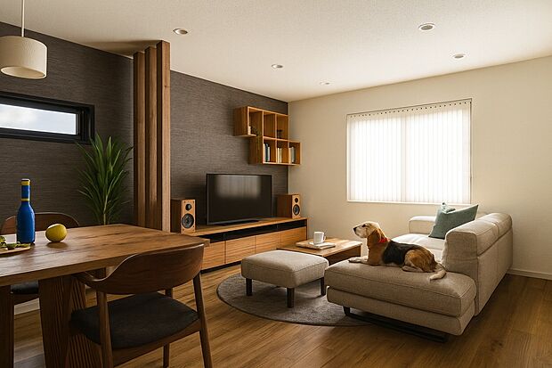 【【パース図：1号地リビング】】大切なご家族が集まるからこそＬＤＫはこだわりたい！子供たちが走り回っても十分な広さです。