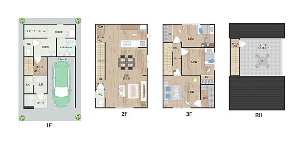 【2号地・参考プラン図】
2階LDKは20帖超◎1階にはランドリールームと脱衣室を備えたサニタリーを配置。室内干しや家事室として多彩に活用可能です。《建物面積107.11m2、建物価格1830万円》