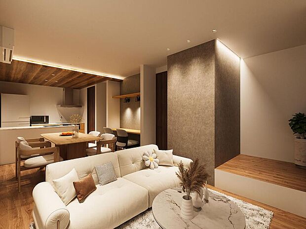 【完成予想図/LDK】
LDKは約14.6帖、2面採光につき明るく通風良好です。キッチンは作業しやすいセパレートタイプ。ご家族の様子を見守りながら作業ができる対面式です。