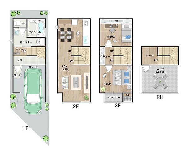 【参考プラン図】
敷地を無駄なく活かした2LDKプラン。LDK約13.5帖は自然に挨拶が交わせるリビング階段仕様。洋室は振り分けタイプで、個々の時間をゆったりと満喫できます。《建物価格1552万円》