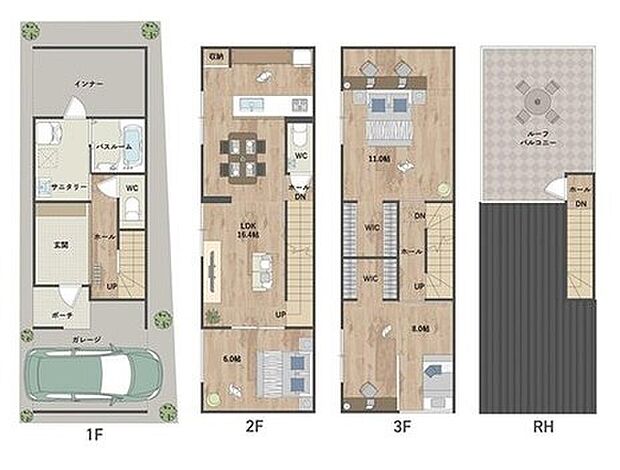 【2号地・間取図】
多彩に活用可能なルーフバルコニー付き◎3階の洋室は、約8～11帖の広々空間！それぞれにWICを備え、居住空間を有効に利用できます。ご家族で並んで利用できるワイドサイズの玄関です。