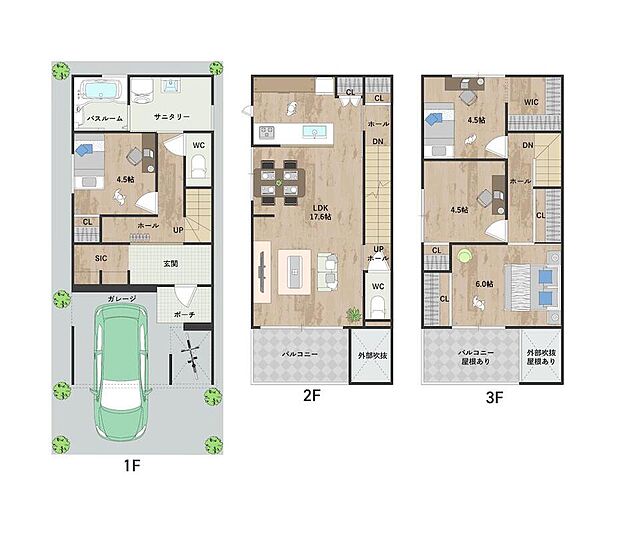 【1号地・参考プラン図】
採光やプライバシーに配慮した2階LDK仕様。2階と3階に南向きバルコニーを設け、たっぷりの陽光が差し込みます。収納も豊富!《建物面積103.59m2、建物価格1861万円》