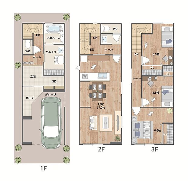 【参考プラン図】
3面採光で窓が多く、自然光を取り込みやすい2階LDKは、ご家族が自然と集まる明るい空間。多用途に活用可能な洋室3部屋プランです。《建物面積94.77m2、建物価格1702万円》