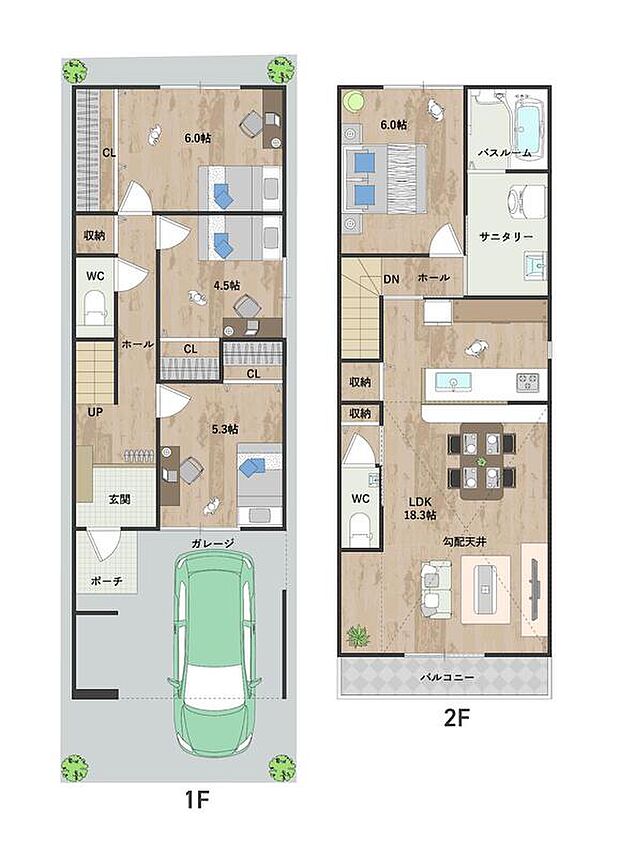 【1号地・参考プラン図】
陽当り・通風・プライバシーにも配慮した18帖超のLDKには勾配天井を施し、より開放的な空間に。水回りを2階に集約し家事動線良好《建物面積97.19m2、建物価格1625万円》