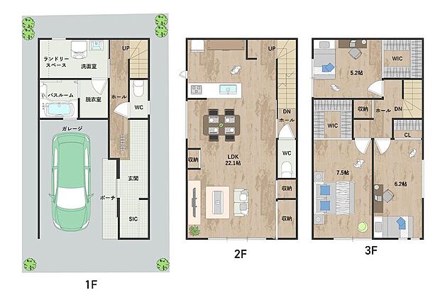 【参考プラン図】
SIC、WICが2つ備わった、全居室収納付きの住まい。22帖超の2階LDKやゆとりある広さの個室は、開放的な寛ぎの空間です。《建物面積115.02m2、建物価格2364万円》