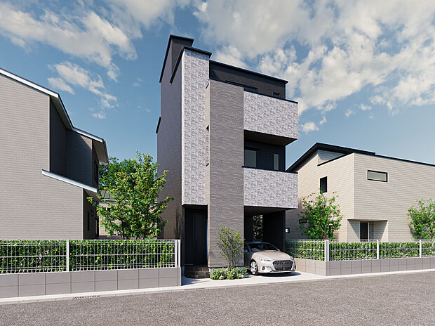 【1号地・外観パース】
ルーフバルコニー付き4LDKの住まい。南西側道路に面しており、陽当りの良い立地です。1台分のガレージ付き(車種制限有)。