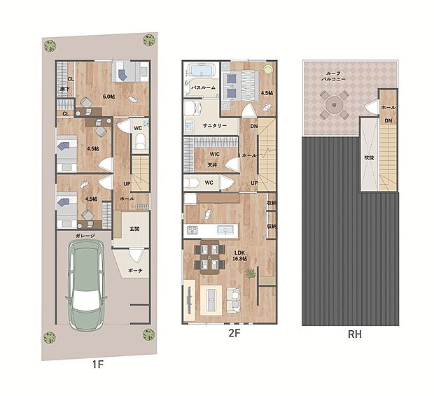 【2号地間取り図】
LDKと水回りを2階に集約し、家事動線に配慮。2階ホールには大容量のWICがあり、ご家族の衣類をまとめて収納できます。屋上には、ご家族でおうち時間を楽しめる、ルーフバルコニー付き◎