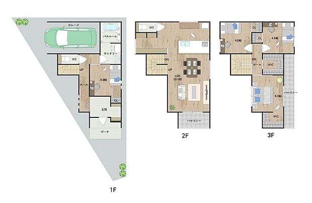【間取図】
3階建て、4DLKの住まい。家族が集うLDKはゆとりの約20.5帖。LDKは2階に配置し、プライバシーにも配慮。カースペースは1台駐車可能(車種による)。
