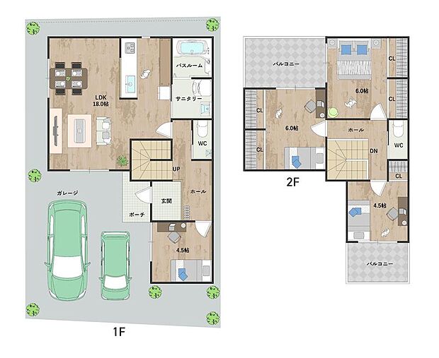 【1号地・参考プラン図】
3面採光のLDKは約18.0帖と、ご家族でゆったり寛げる広さ。キッチンそばから洗面室へ出入りできる、家事動線良好な間取りです。《建物面積98.82m2、建物価格2072万円》