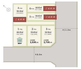 【全体区画図】
全6区画の分譲地が誕生！幅広いプランが検討可能な整形地や開放的な角地、プライバシー性の高い旗竿地など、お好みでセレクト可能です◎ 