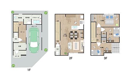 全居室収納付きプラン。作業効率の良いL字キッチンを採用しました。1階の洗面室は脱衣室と分け、すっきりとした空間を保っています。《建物面積85.44m2、建物価格1566万円》 