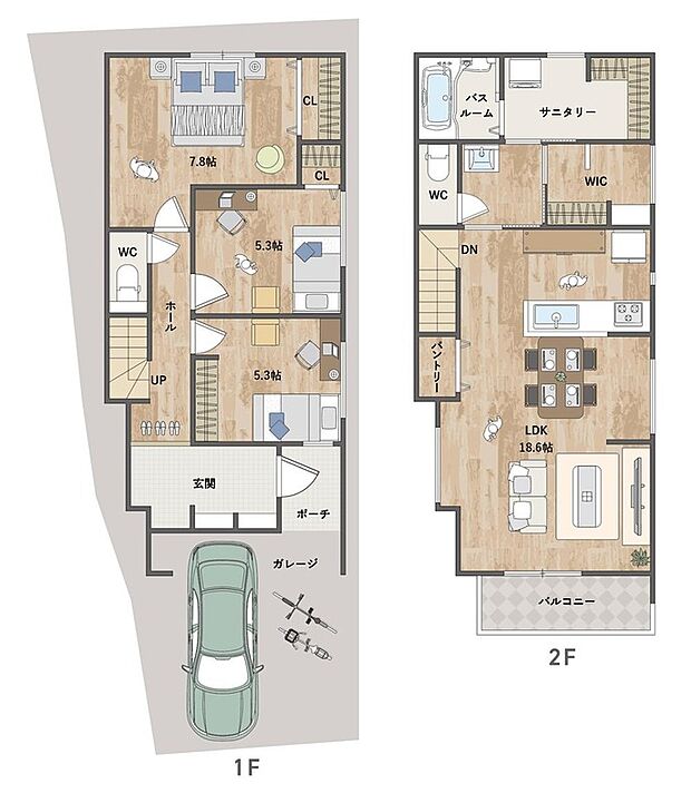 【3LDK+2S(納戸)(Pantry+WIC)】ご家族が集まるLDKはプライバシーを確保しやすい2階に配置。全居室に収納を備え、サニタリー横にはWICも設置。片付けやすく快適に暮らせる住まいです。
