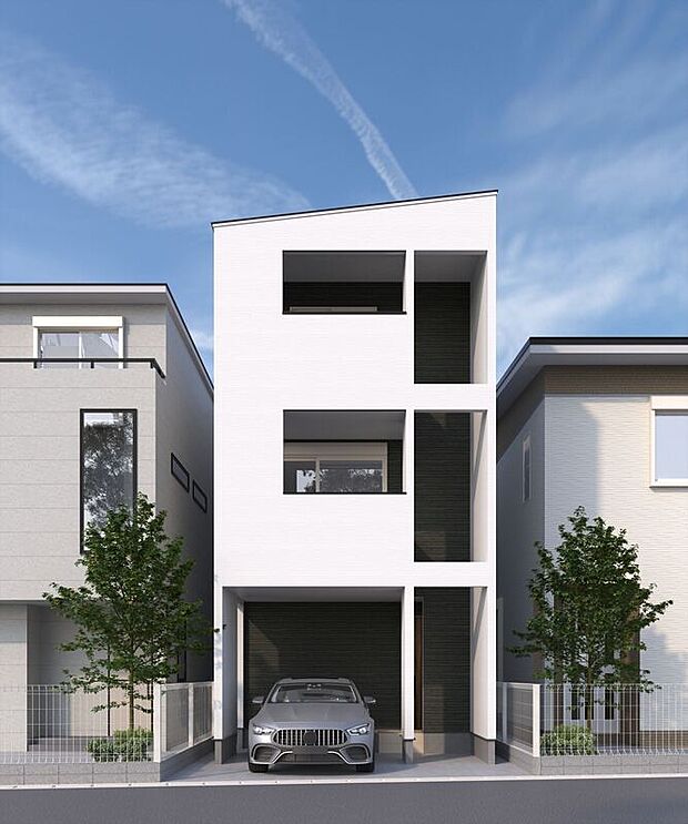 【【1号地参考プラン図/外観パース】】ホワイトの外壁が青空に映えるスタイリッシュな外観です。インナーガレージ付き。《建物面積107m2、建物価格1922万円》