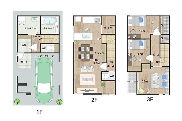 【3LDK】リビングはプライバシーを保ちやすい2階に配置。カウンターやパントリーを設置しています。3階には3部屋の個室があり、プライベートタイムを満喫できる設計です。