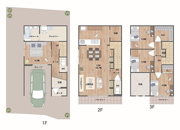 約18.7帖のLDKは上部吹抜仕様の開放感あふれる空間。WICやリビング収納等豊富な収納を設け、すっきりとした暮らしが叶います。《建物面積101.24m2、建物価格 1730万円》