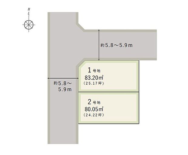 角地を含む、全2区画。敷地全体を有効活用しやすい形状で、幅広いプランをご検討いただけます。前面道路も約5.8～5.9mと、比較的ゆとりのある広さです。