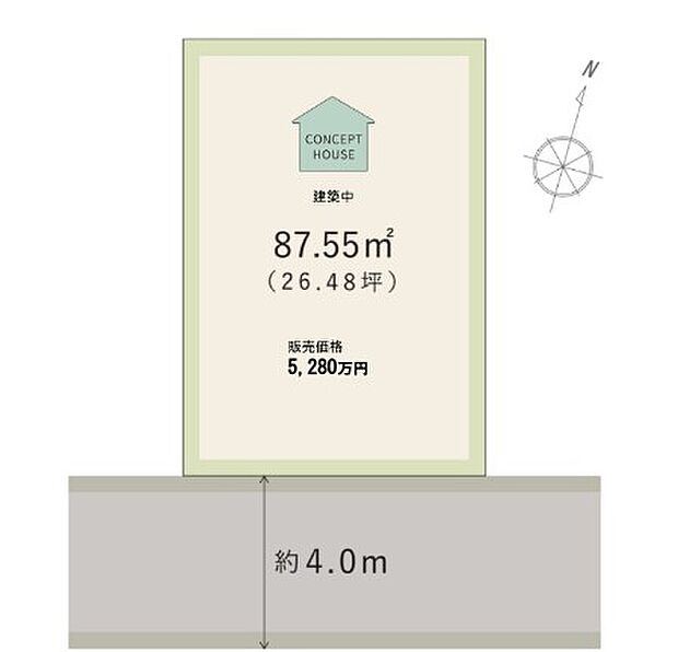 【-】土地面積87.55m2(約26.48坪)。平坦な地勢で、通行しやすいエリア。南側道路に接道しているため、陽光を取り入れやすい立地です。