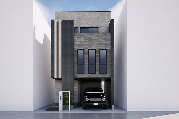 【外観】【プラン例　建物価格2300万円　建物面積100m2】縦横に配し、シンプルながらも美しい立体感、アクセントの石の陰影が映し出す、豊かな個性