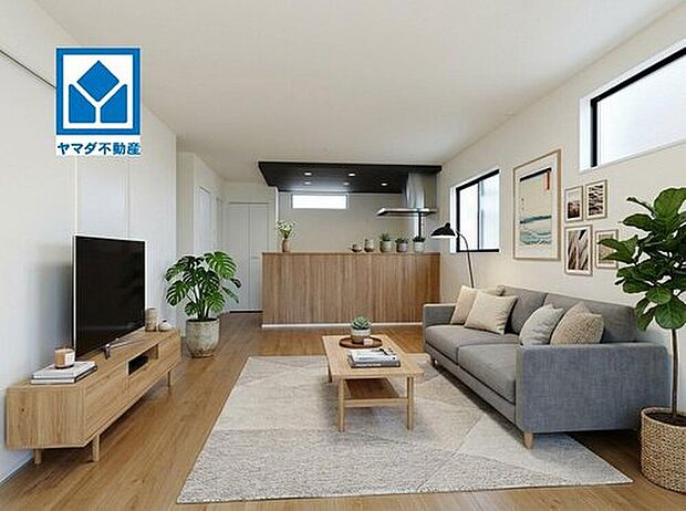 【リビング】3号棟。家具はイメージです。将来にわたって住みやすくプランニングを重ねて設計された間取で日々の生活をしやすい動線を考えた居住空間を創り上げております^^