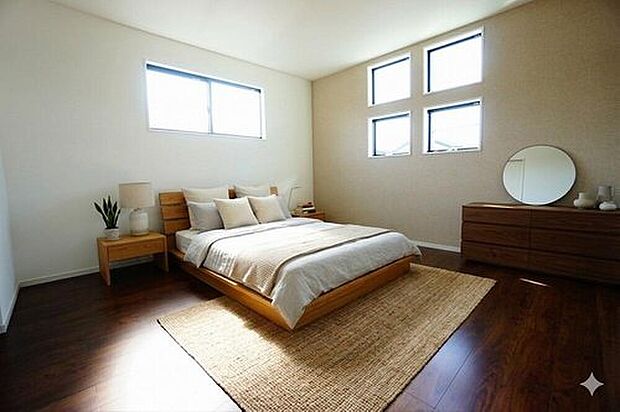 【リビング以外の居室】3号棟。家具はイメージです。アクセントクロスがオシャレですね。イ寛ぎの時間を紡ぎだす主寝室は、大型ベッドを置いても余裕の広さを確保しています。