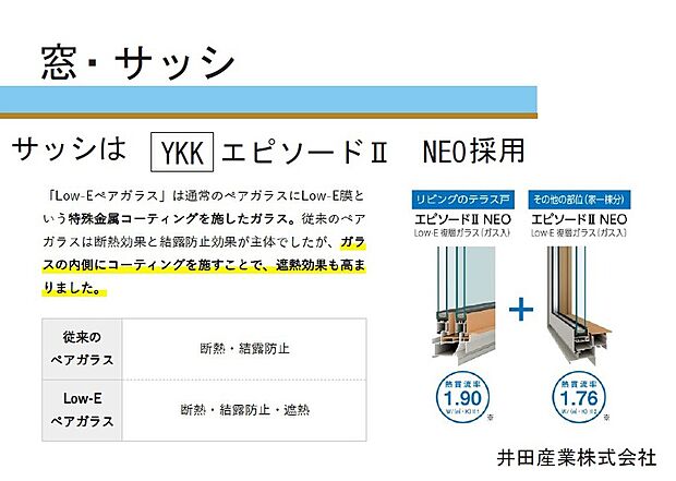 【窓・サッシ】井田産業株式会社モデルハウスの窓・サッシはＬｏｗ-Ｅペアガラス採用。ＺＥＨ水準の省エネ性能住宅です。