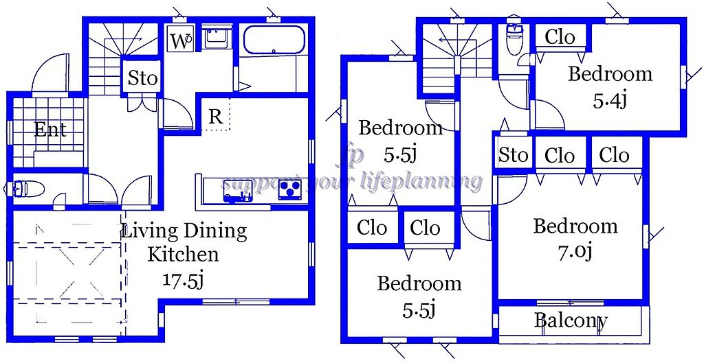 （B号棟）価格： 4580万円、間取り： 4LDK、土地面積： 124.71m2、建物面積： 103.5m2　／　南面バルコニー　ゆったり暮らせる4LDK　冷暖房効率の良い玄関階段　廊下収納