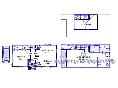 II型キッチン　水回り集中し家事動線良好　固定階段ロフト 