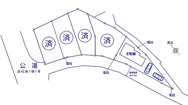 【【全体区画図】】前面道路は南側に面した幅4.4mの公道。幹線道路から入った通りのため、交通量も少なく、静かで安心の住環境です。