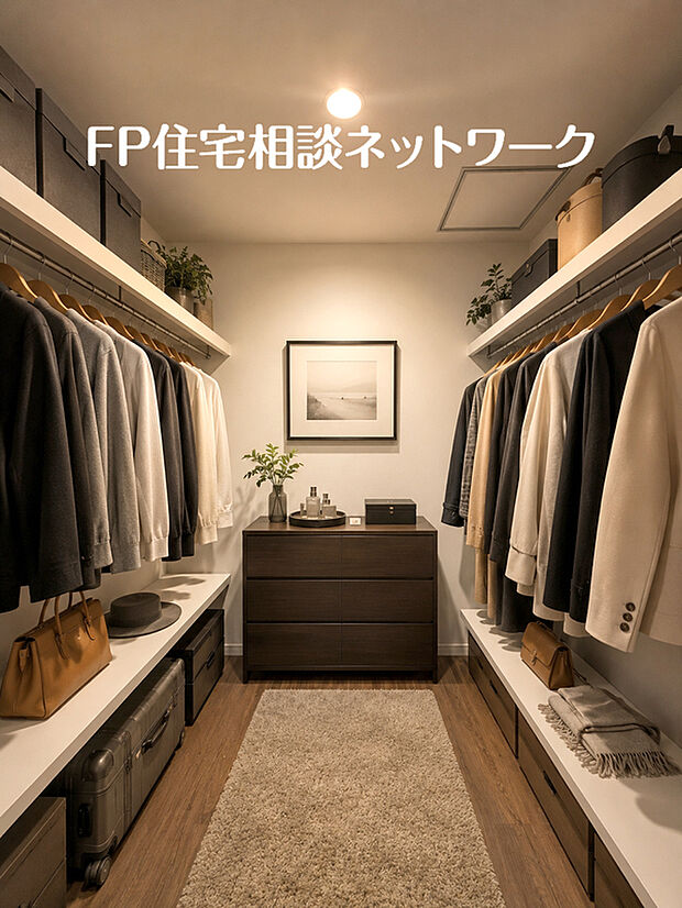 【大容量ウォークインクローゼットのある住まい】居室空間をすっきり保てる、ウォークインクローゼット付です。十分な広さがあり、使い慣れた収納家具をこの空間に設置することもできますね。~画像の小物等はAIイメージで価格には含まれません。