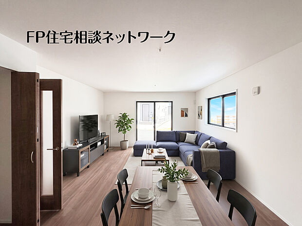 【~家族が集う居心地よいリビング~】4号棟~リビング内には収納を備え、家族が集まる空間をすっきり快適に保てます。本画像はAIがCGで家具や家電、小物を作成しております。また、販売価格には含まれておりません。