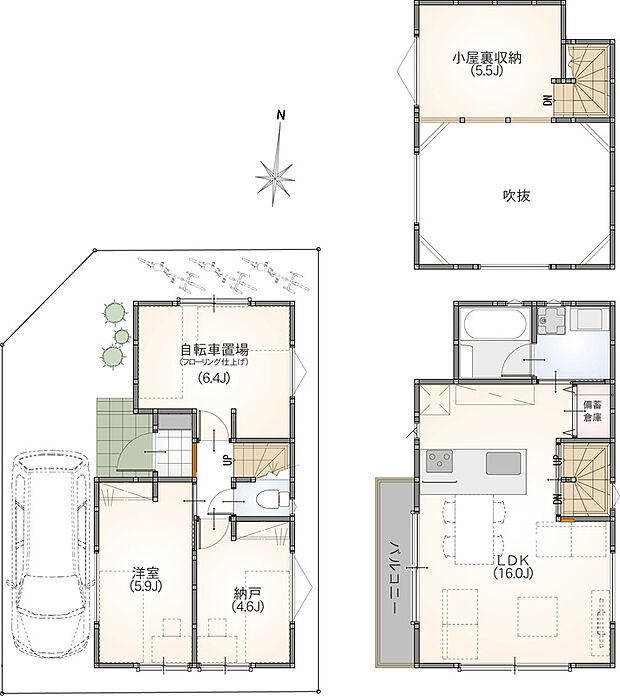 【参考プラン 1SLDK&室内自転車置き場&グルニエ】■建物面積 68.96m2(自転車置き場10.43m2、備蓄倉庫1.17m2含む)
■建物価格 1700万円
■土地建物総額 5580万円(税込)