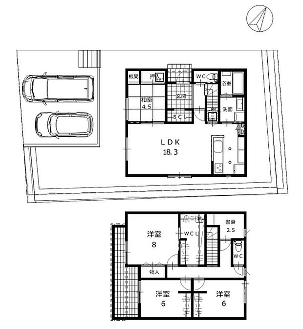 【2号地 プラン例】建物参考プラン例(建物価格2680万円、建物面積114.27m2) ※間取り図・パース・写真中に車や家具を掲載の場合は配置例を示したもので実際に設置されているわけではありません。特にコメントがない場合は家具や車などは販売価格に含まれません。