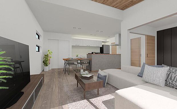 室内は落ち着いたトーンで仕上げました。
植物を置いていただくとより癒し空間が広がります。【一部外構工事費を含んでいます】画像はイメージパースです。