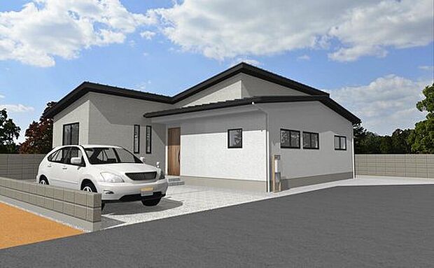 【完成予想図(外観)】【一部外構工事費を含んでいます】
画像はイメージパースです。
ホワイトカラーの外壁にブラックカラーの屋根がシンプルでかっこいい、モダン風のデザインの平屋です☆