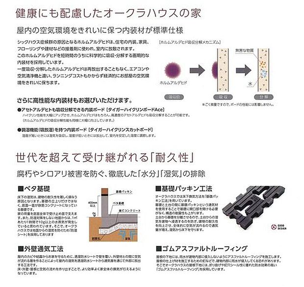 【健康にも配慮したオークラハウスの家】シックハウス症候群の原因となるホルムアルデヒドを短時間の内に科学的に吸収・分解する画期的な内装材を採用しています。